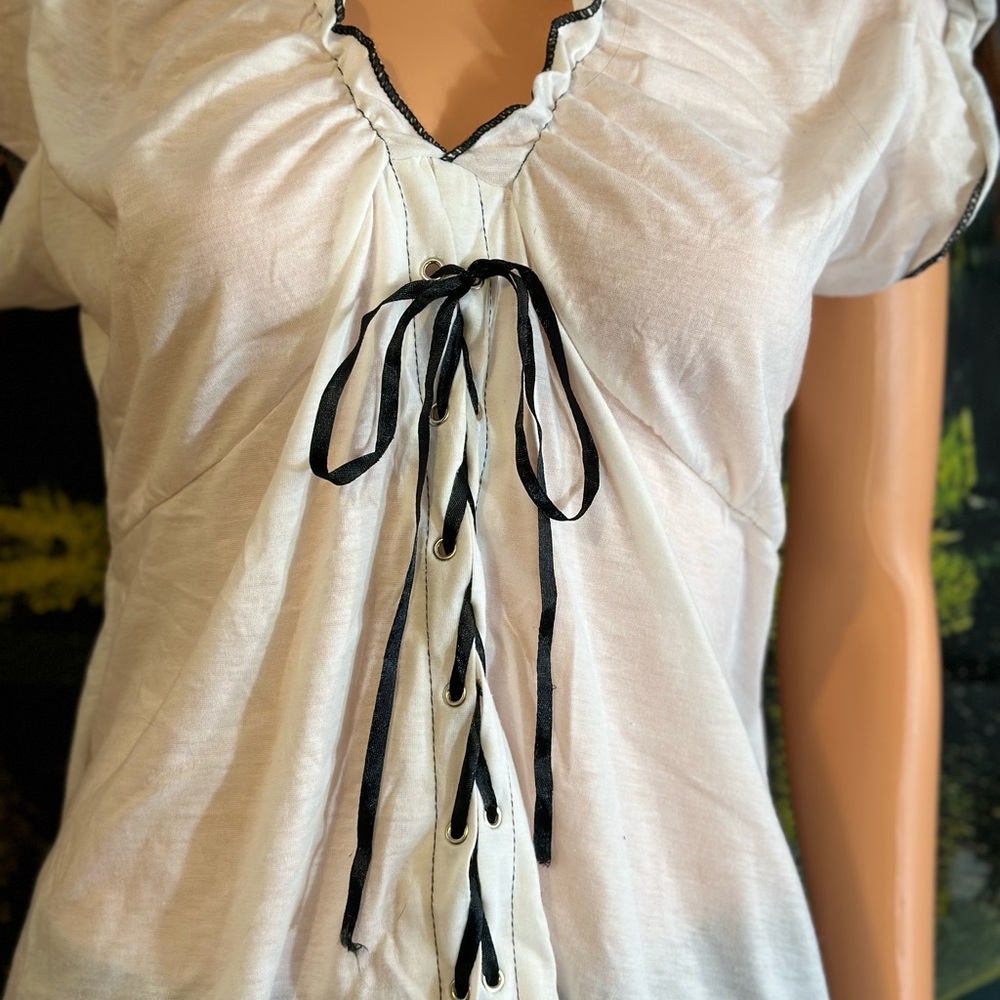 White Blouse with Black Ribbon Detail